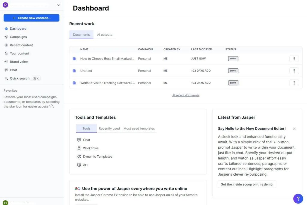 Jasper AI dashboard interface for content creation