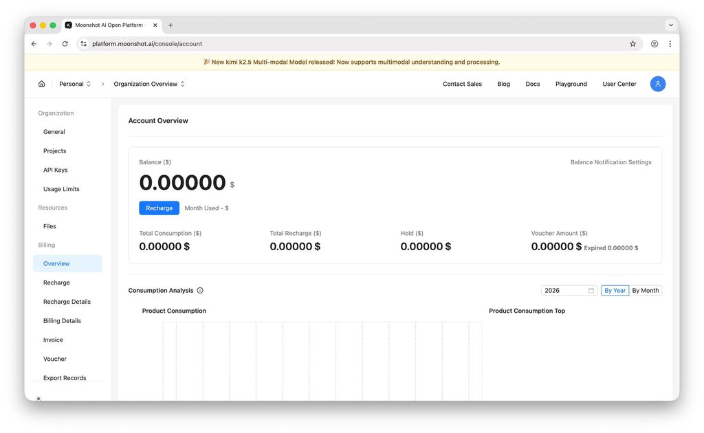 Moonshot AI Platform API dashboard