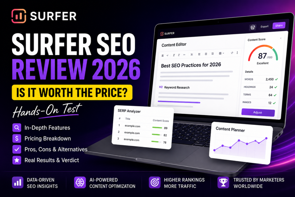 Surfer SEO Review Dashboard Surfer SEO Content Editor Surfer SEO Pricing 2026