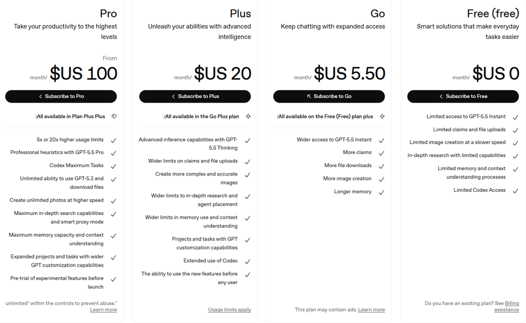 OpenAI pricing plans showing Free Go Plus and Pro subscriptions in 2026