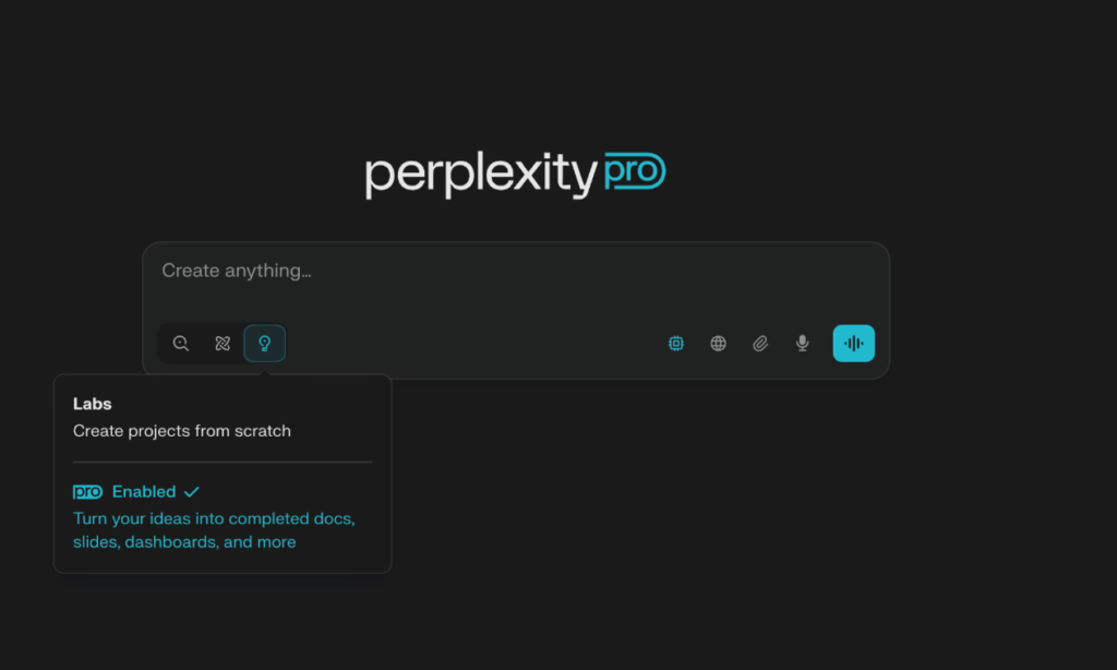 Perplexity Labs interface showing project creation tools in 2026