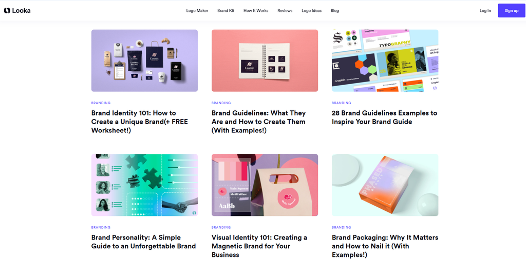 Looka brand guidelines page showing colours and fonts]