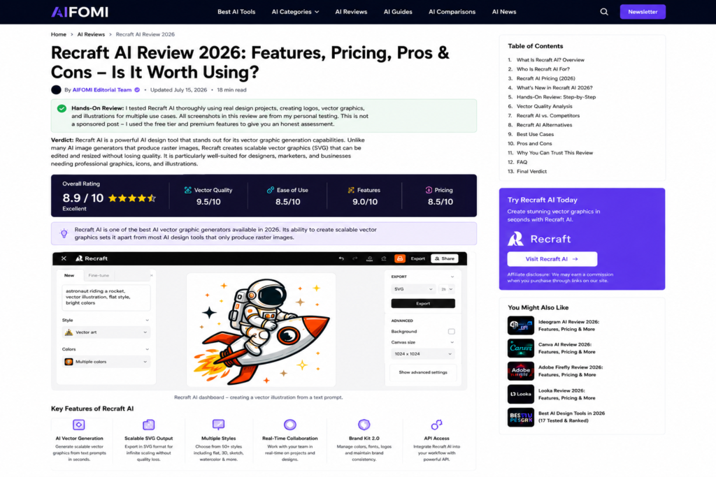 Recraft AI review 2026 showing AI vector